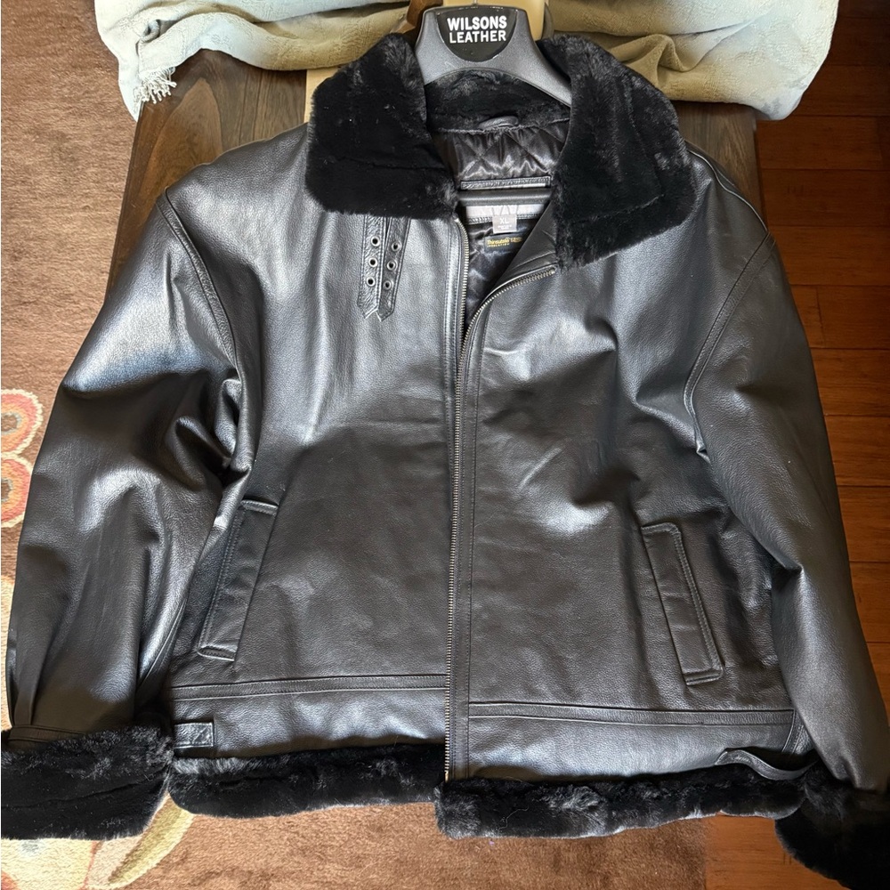 Wilsons Leather Black Bomber Jacket with Plush Trim